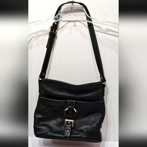 Stone Mountain Black Pebbled Leather Purse Zip Top Shoulder Bag Buckle Strap